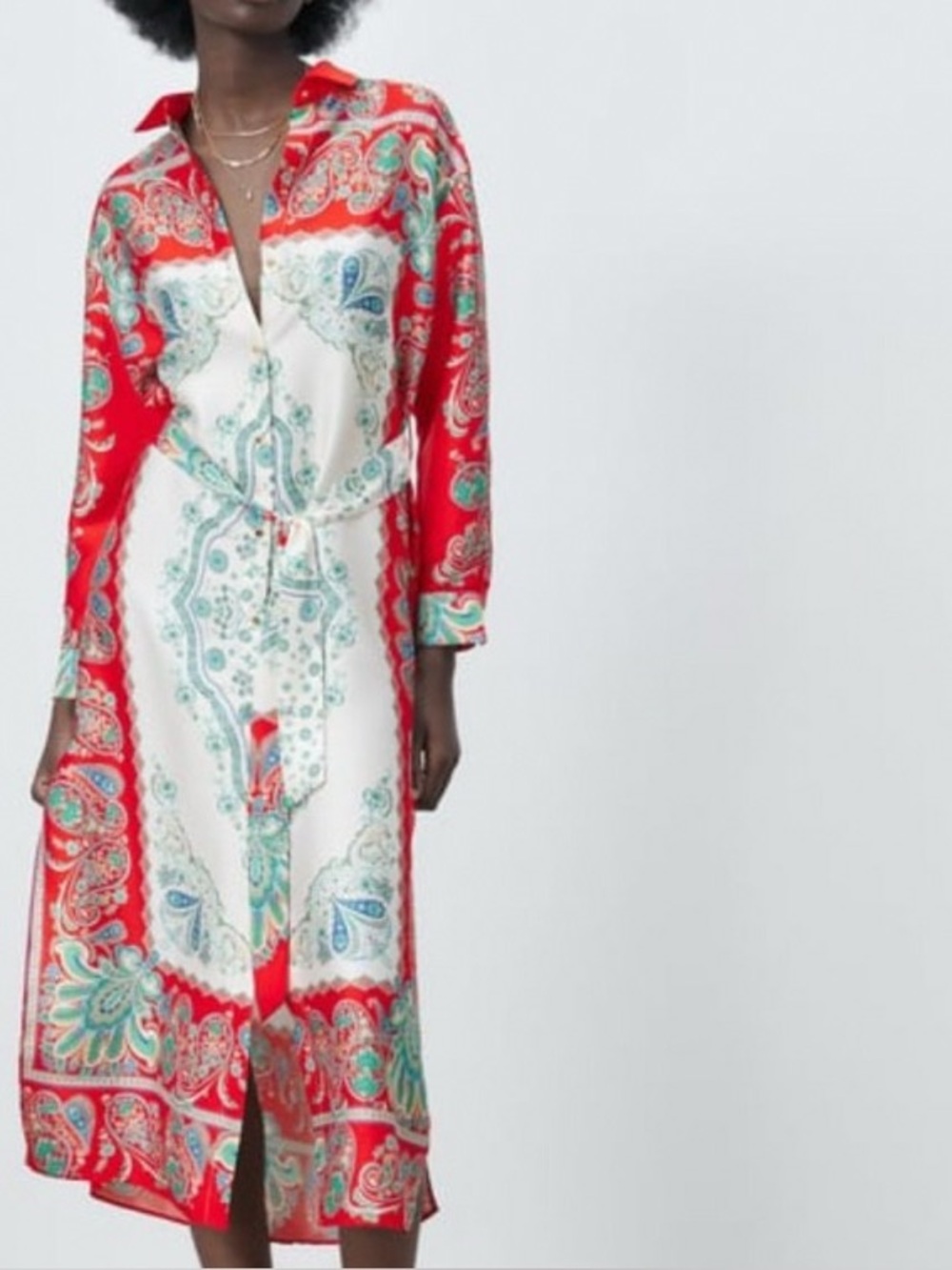 Zara Red & White Paisley Bohemian Midi Shirt Dress NWT S